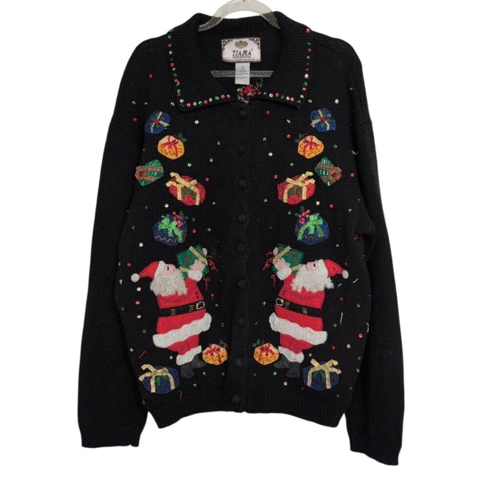 Tiara International Santa Cardigan Womens Size Medium Ugly Christmas Sequins